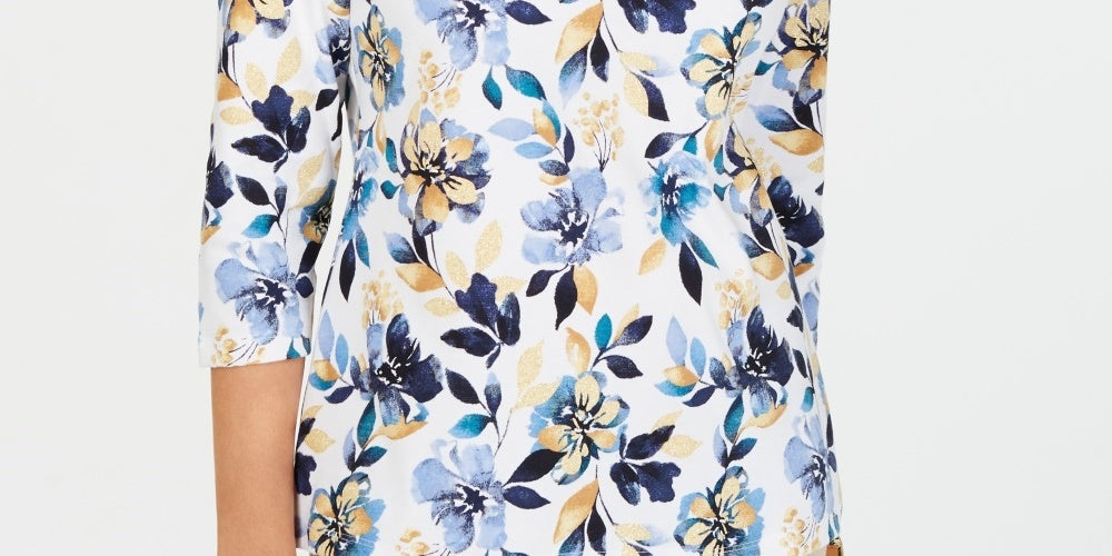 Blusa feminina Karen Scott com estampa floral e manga 3/4, tamanho azul marinho, pequena e pequena