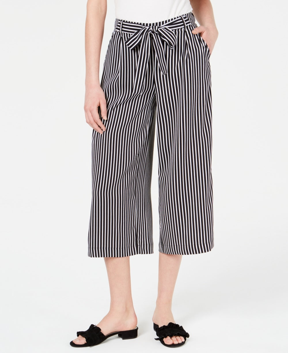 Calça capri feminina listrada, perna larga, amarrada na frente, preta, tamanho XS