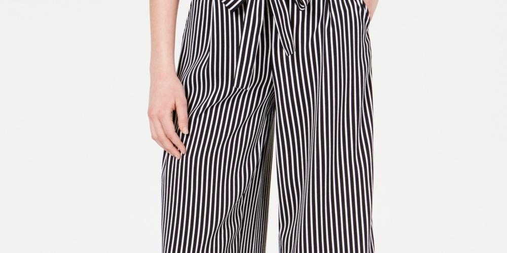 Calça capri feminina listrada, perna larga, amarrada na frente, preta, tamanho XS