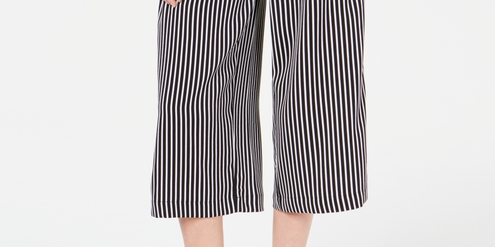 Calça capri feminina listrada, perna larga, amarrada na frente, preta, tamanho XS