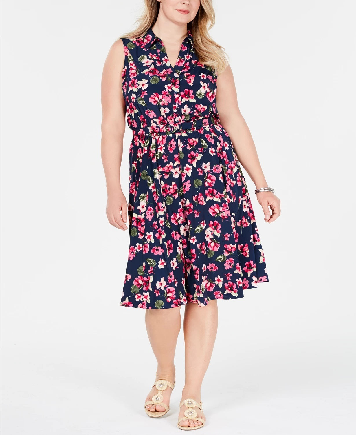 Vestido feminino com cinto e estampa floral azul Charter Club, tamanho 20W