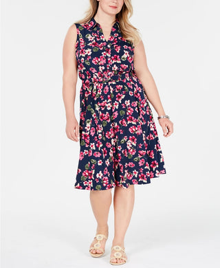 Charter Club Women's Belted Floral Print Dress Blue Size 20W