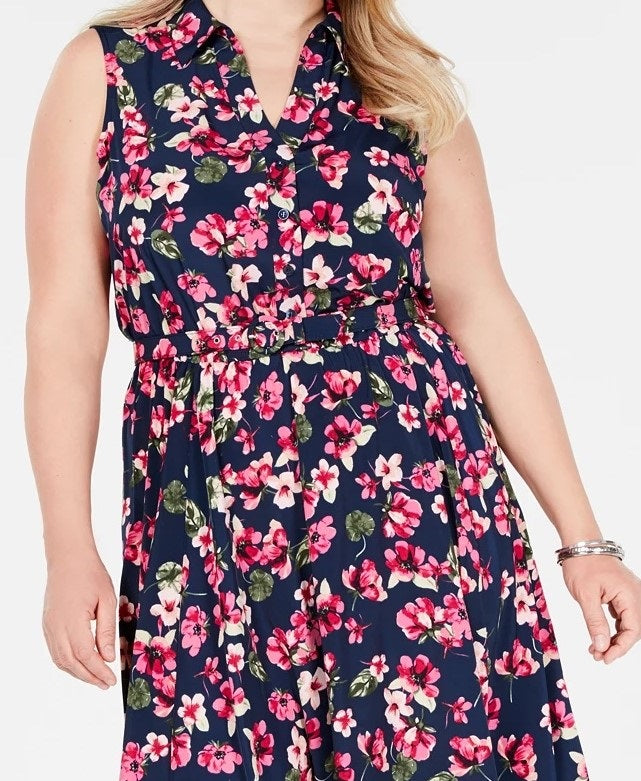 Vestido feminino com cinto e estampa floral azul Charter Club, tamanho 20W