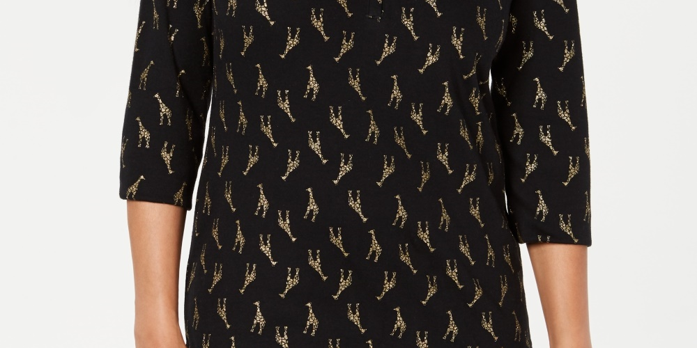 Karen Scott Feminino Petite Girafa-Estampa Henleyx-Pequeno Preto Tamanho Pequeno