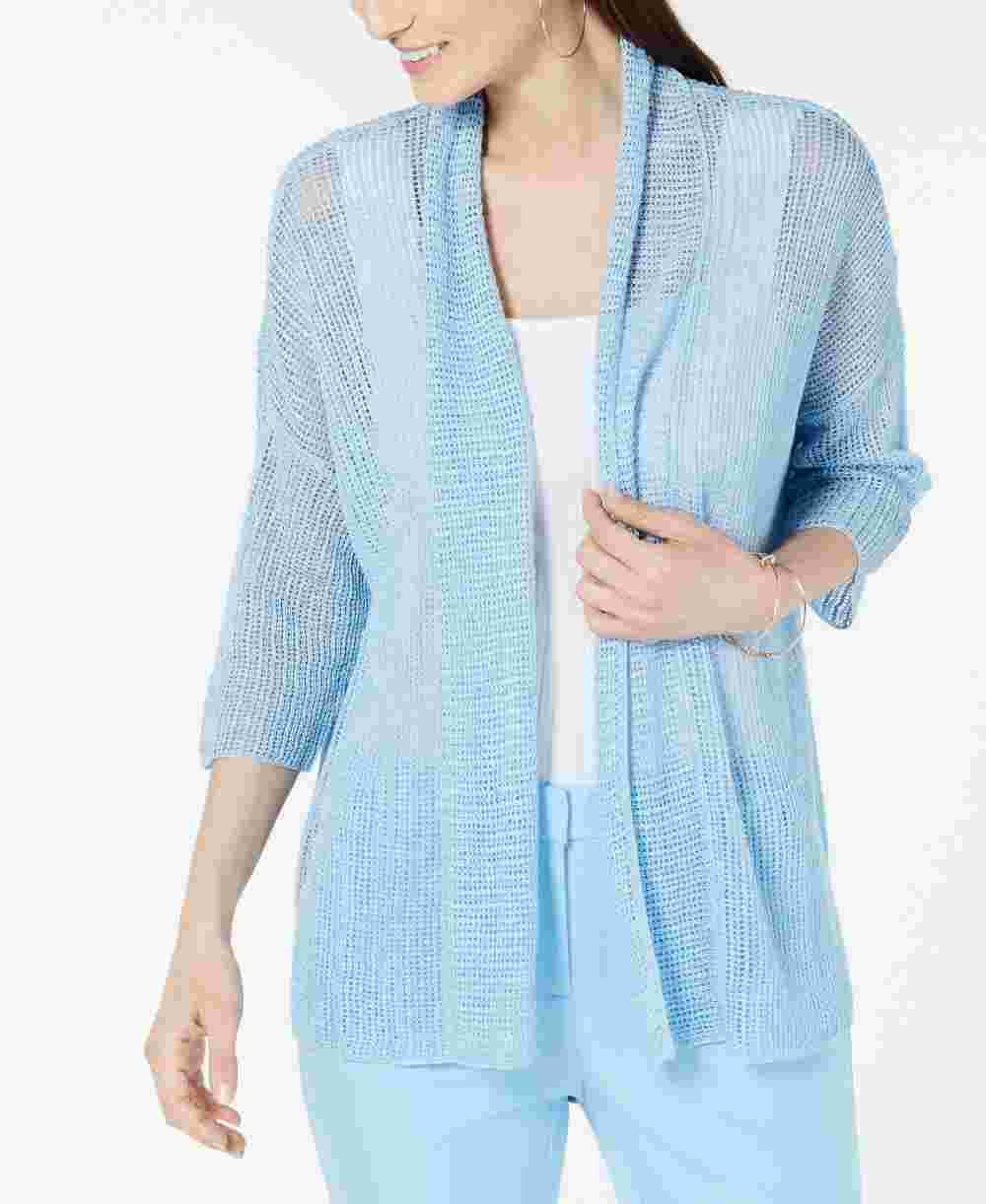 Quimono Alfani Feminino em Linho Misto com Ponto Aberto Azul Tamanho P