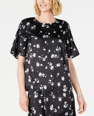 Blusa feminina Alfani com estampa floral e ombros franzidos em cetim, preta, tamanho grande