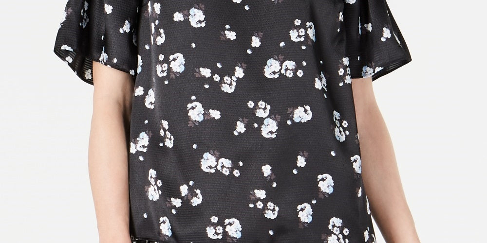 Blusa feminina Alfani com estampa floral e ombros franzidos em cetim, preta, tamanho grande