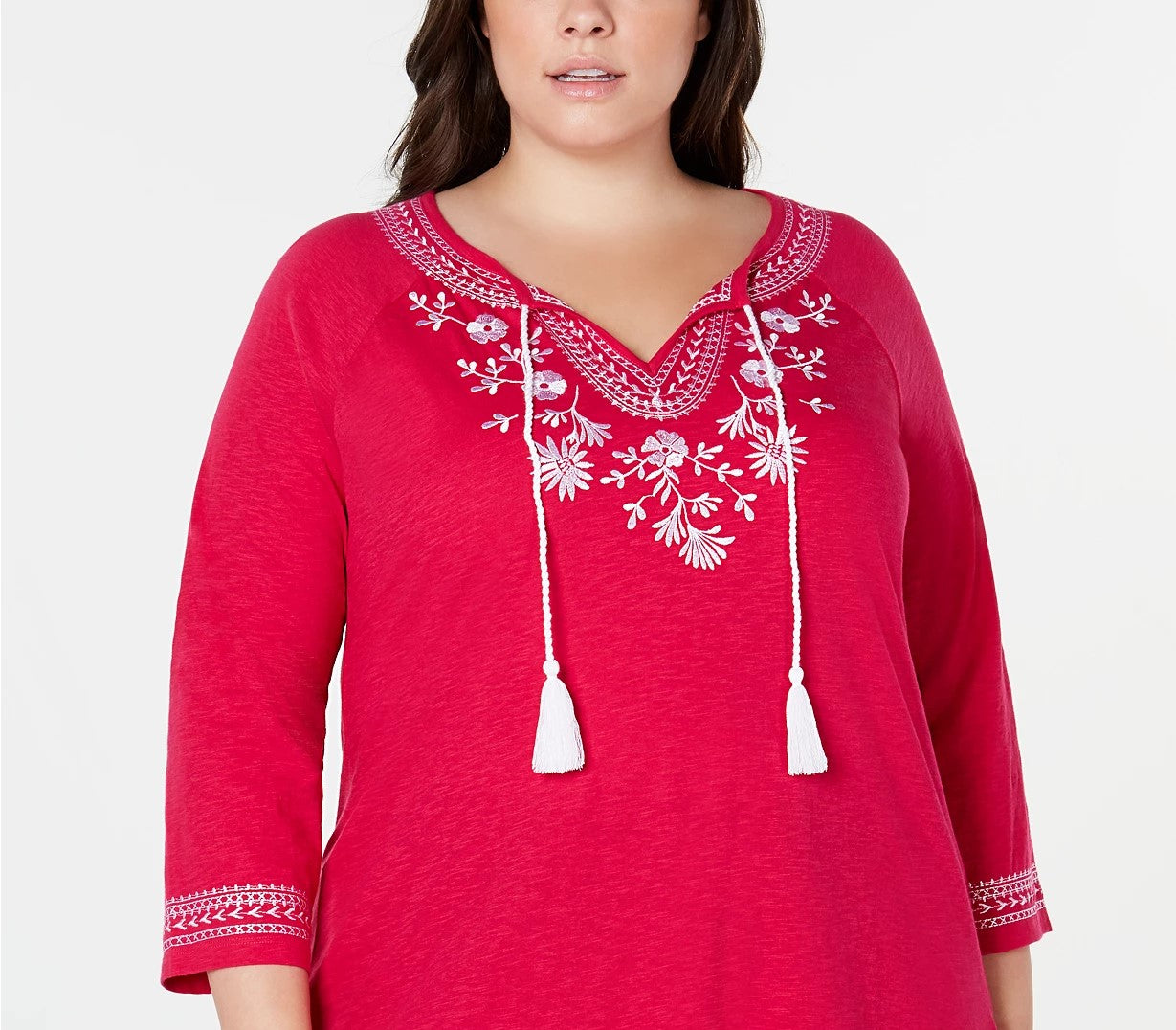 Camisa feminina plus size de algodão bordado estilo camponês Charter Club, rosa escuro, tamanho 2X