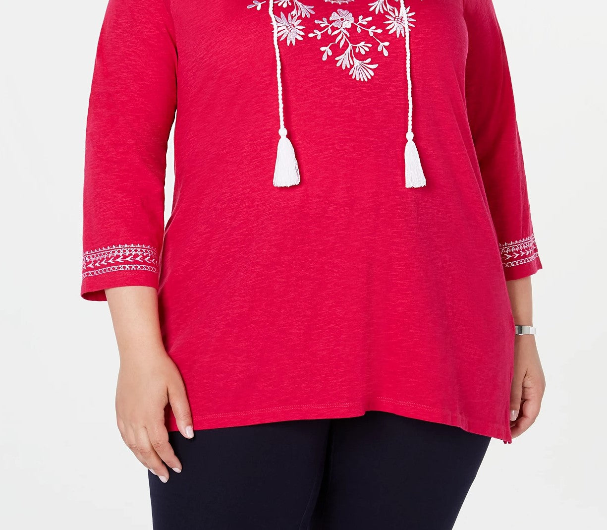Camisa feminina plus size de algodão bordado estilo camponês Charter Club, rosa escuro, tamanho 2X