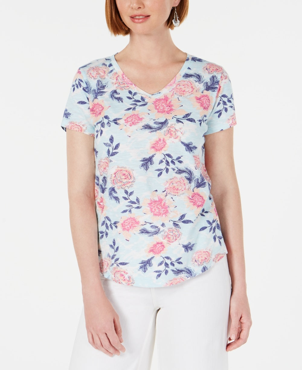 Camiseta feminina estampada com decote em V, tamanho pequeno, branca, estilo &amp; co