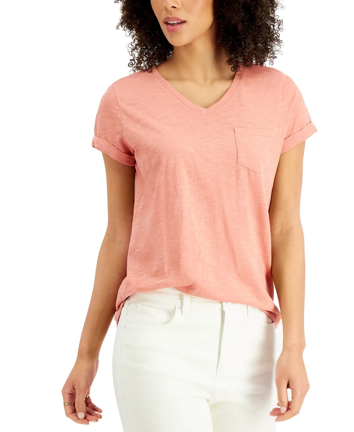 Camiseta feminina estilo &amp; co, estampada em algodão, gola V, tamanho laranja, pequena e pequena