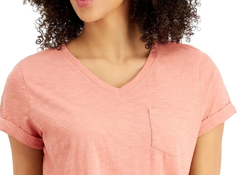 Camiseta feminina estilo &amp; co, estampada em algodão, gola V, tamanho laranja, pequena e pequena