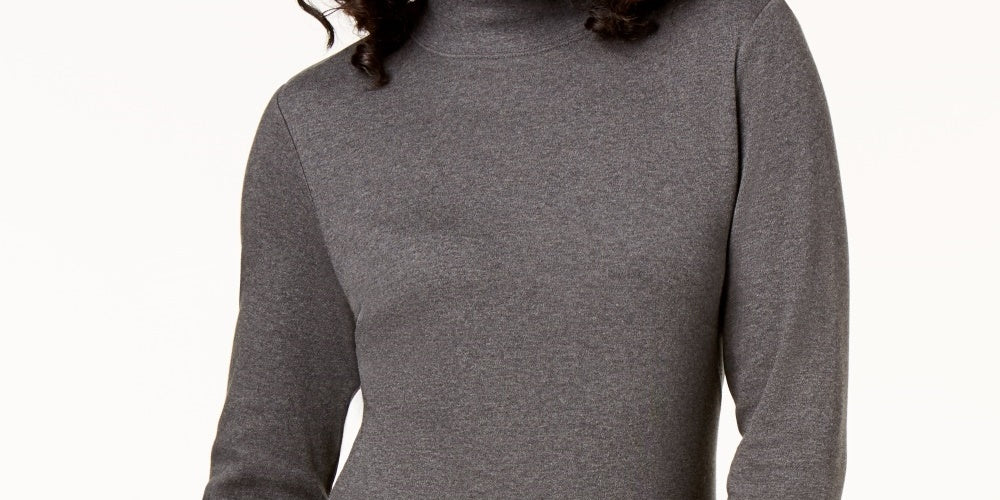 Karen Scott Blusa feminina pequena de algodão com gola alta e manga comprida, tamanho grande, carvão