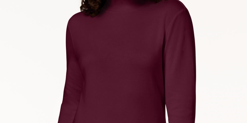 Karen Scott Blusa feminina pequena de algodão com gola alta e manga comprida, vermelha, tamanho X-S