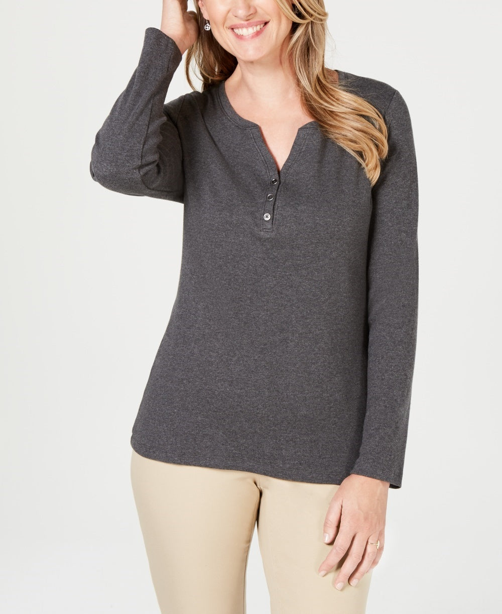 Karen Scott Blusa Feminina de Algodão com Gola Henley Cinza Escuro Tamanho Pequeno Grande
