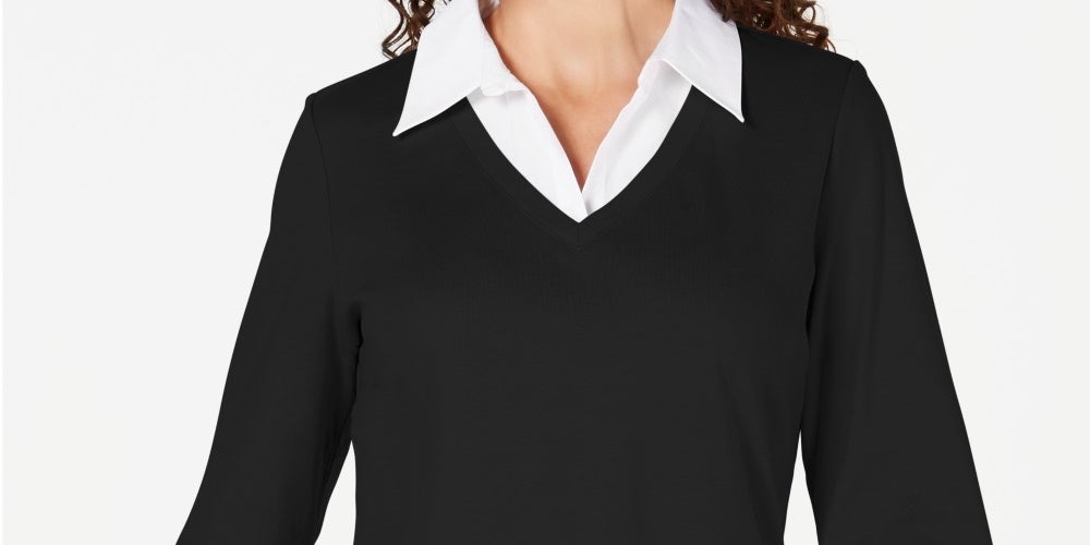 Blusa feminina Karen Scott de algodão com camadas, preta, tamanho pequeno