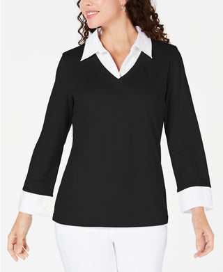 Karen Scott Women's Petite Layered-Look Cotton Top Black Size Petite Large