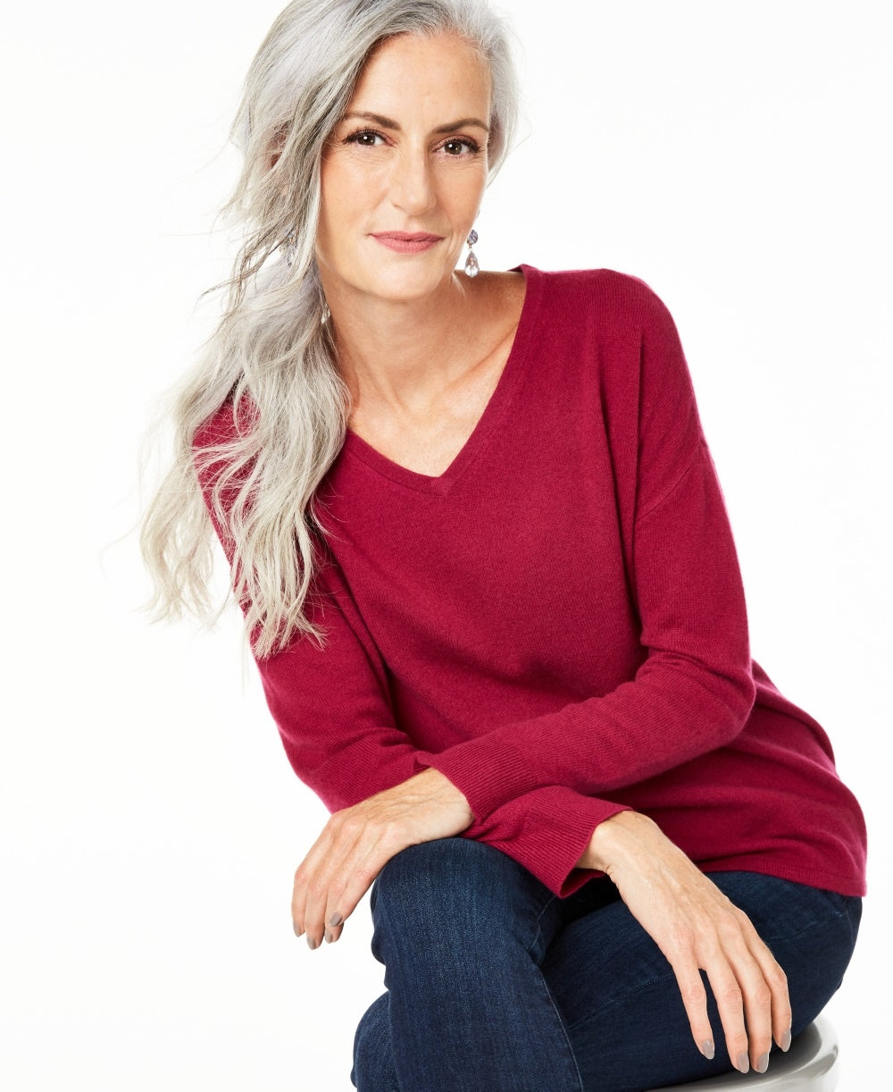 Suéter feminino de cashmere puro com decote em V Charter Club, vermelho, tamanho grande