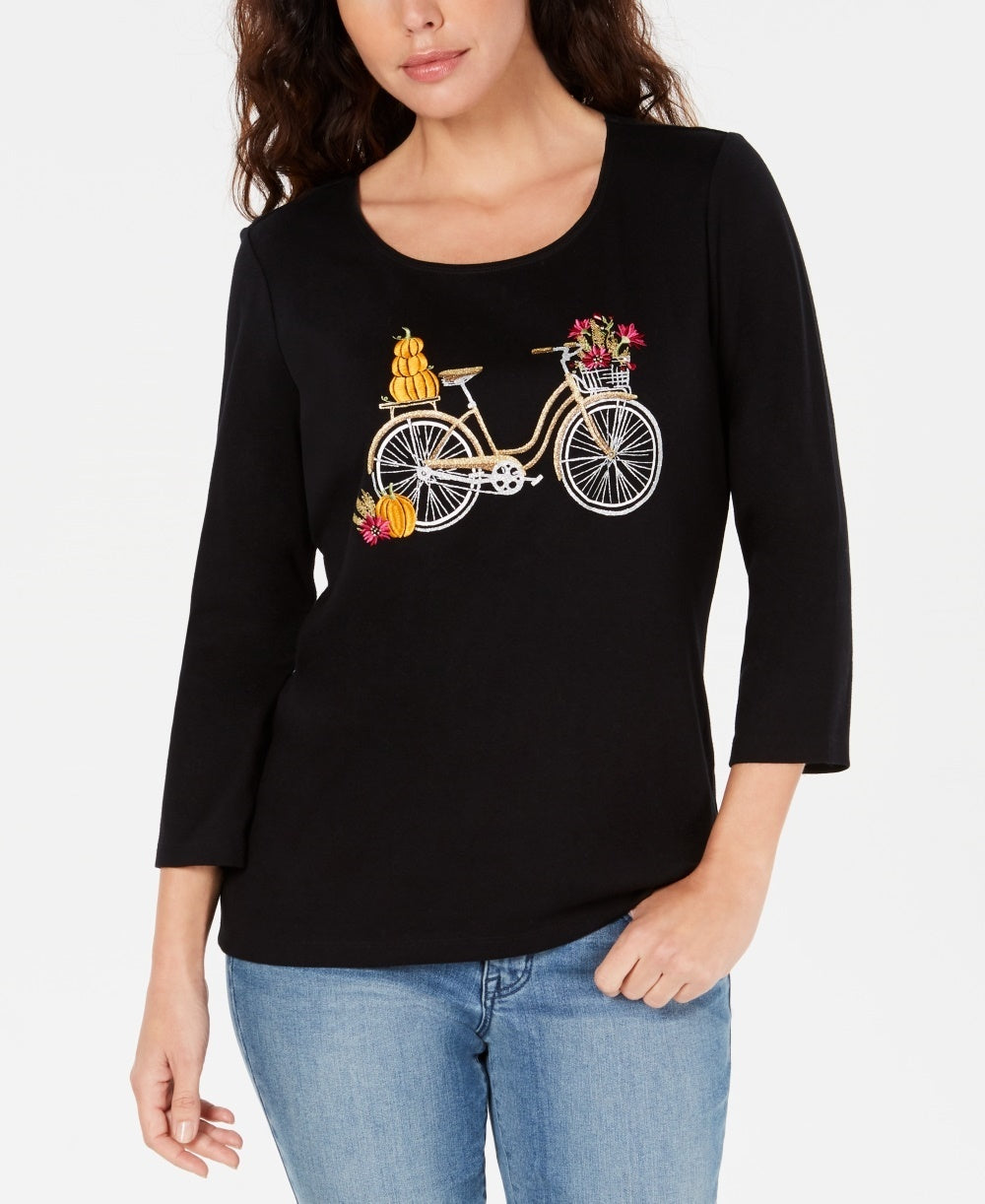 Karen Scott Blusa de Bicicleta Bordada Feminina Preta Tamanho X-G
