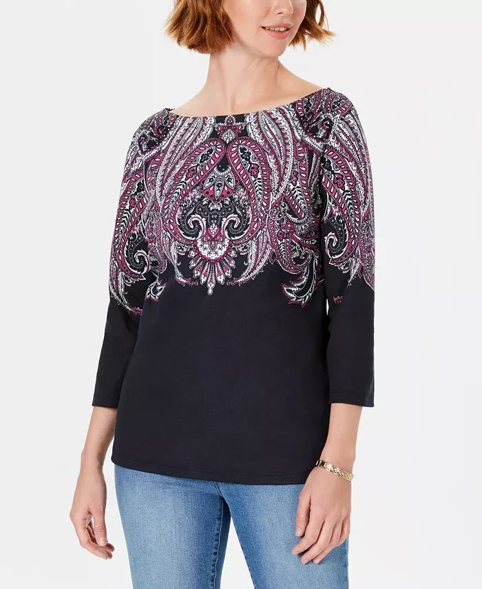 Karen Scott Blusa feminina Lile Paisley com decote canoa, preta, tamanho grande