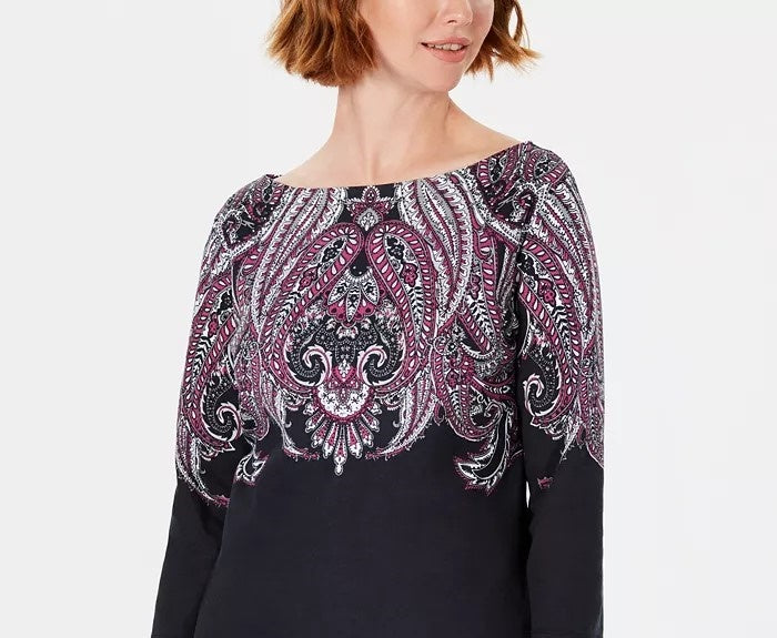 Karen Scott Blusa feminina Lile Paisley com decote canoa, preta, tamanho grande