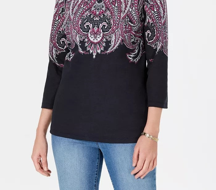 Karen Scott Blusa feminina Lile Paisley com decote canoa, preta, tamanho grande