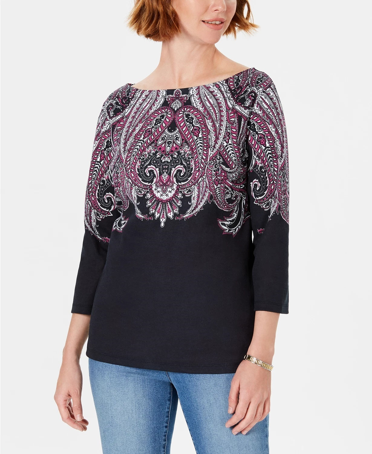 Karen Scott Blusa feminina Lile Paisley com decote canoa, preta, tamanho médio