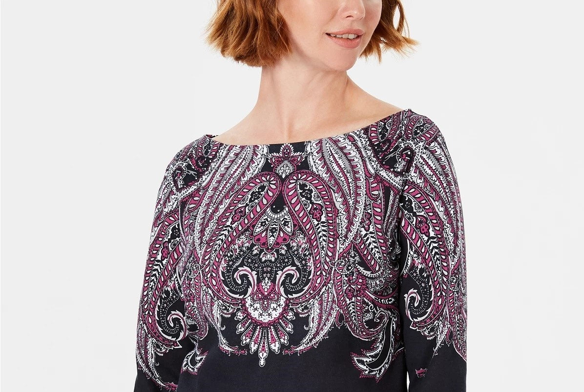 Karen Scott Blusa feminina Lile Paisley com decote canoa, preta, tamanho médio