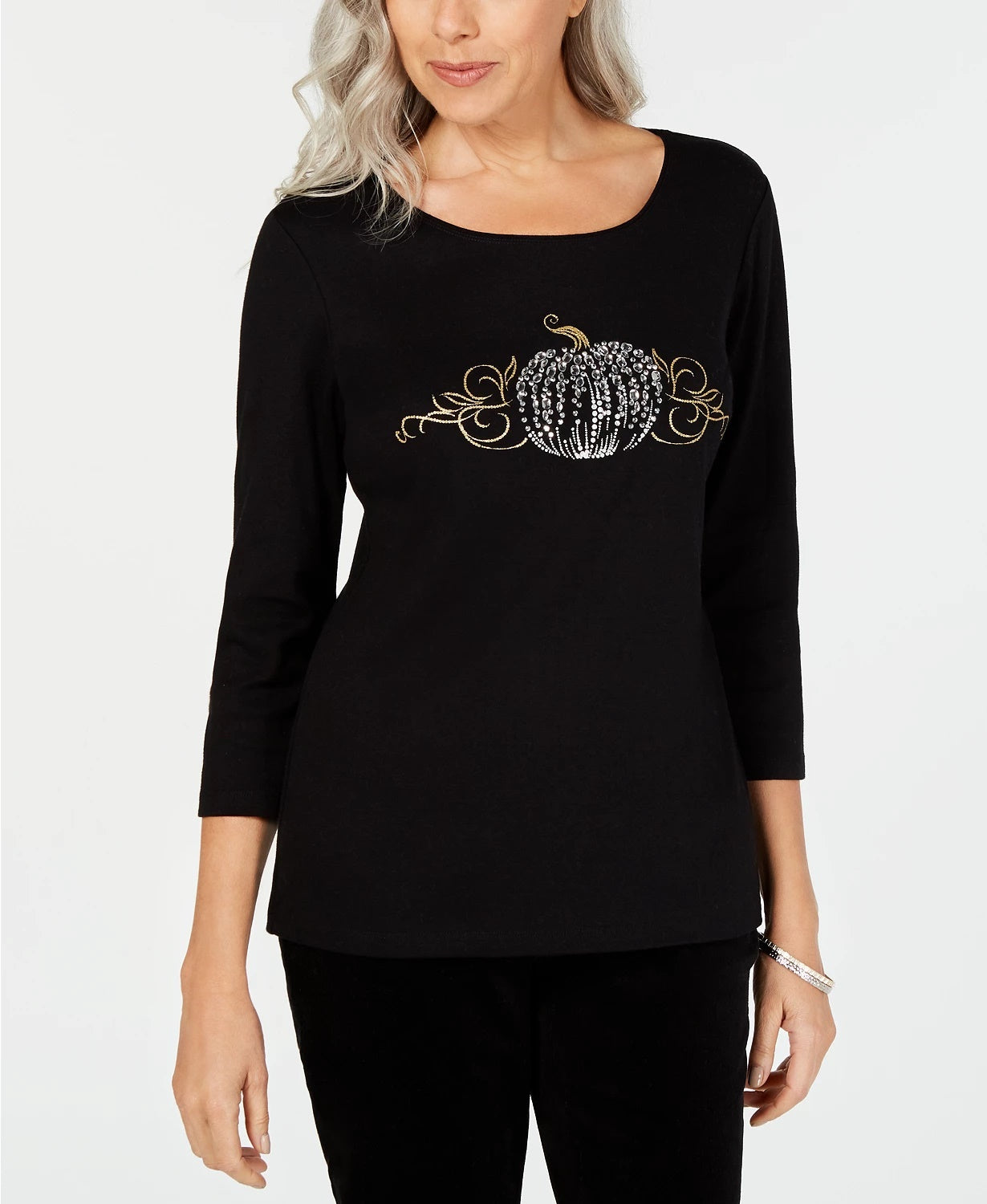Karen Scott Blusa feminina de algodão com manga 3/4 e detalhes em preto, tamanho extragrande
