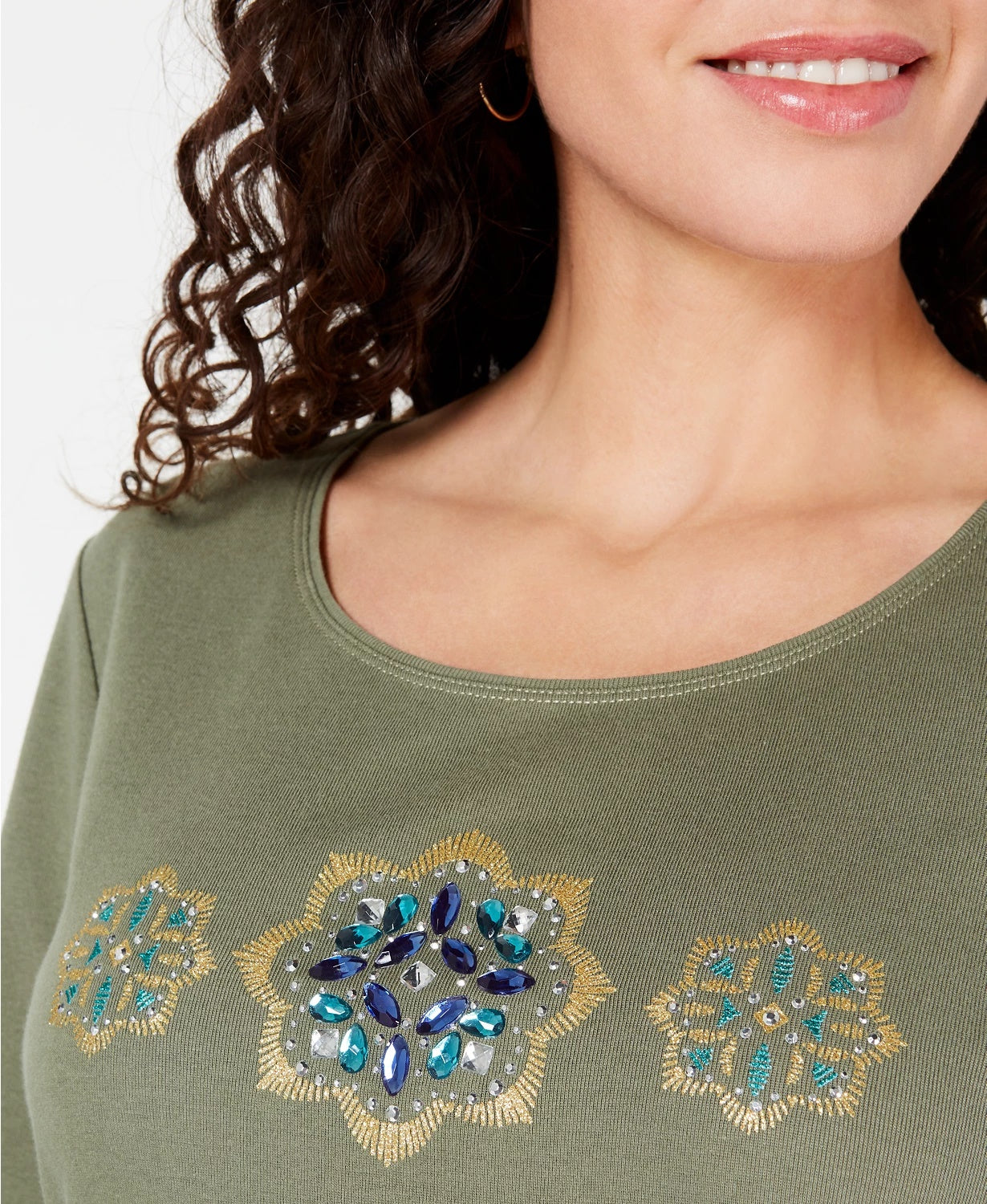 Karen Scott Top de algodão feminino pequeno com strass, verde, tamanho pequeno grande