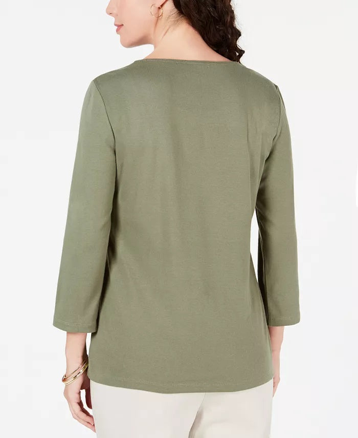 Karen Scott Top de algodão feminino pequeno com strass, verde, tamanho pequeno grande