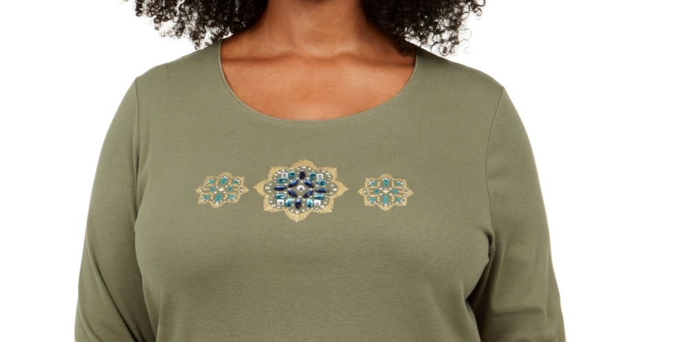 Blusa feminina Karen Scott de algodão com lantejoulas e estampa verde, tamanho 0X