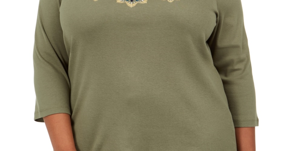 Blusa feminina Karen Scott de algodão com lantejoulas e estampa verde, tamanho 0X
