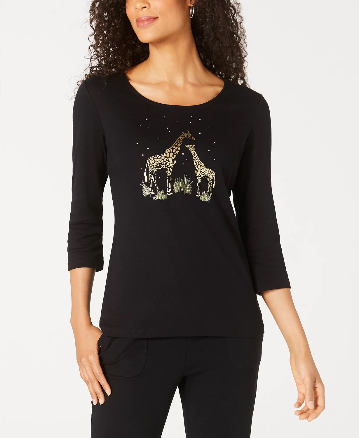 Blusa de algodão estampada Karen Scott feminina, preta, tamanho pequeno