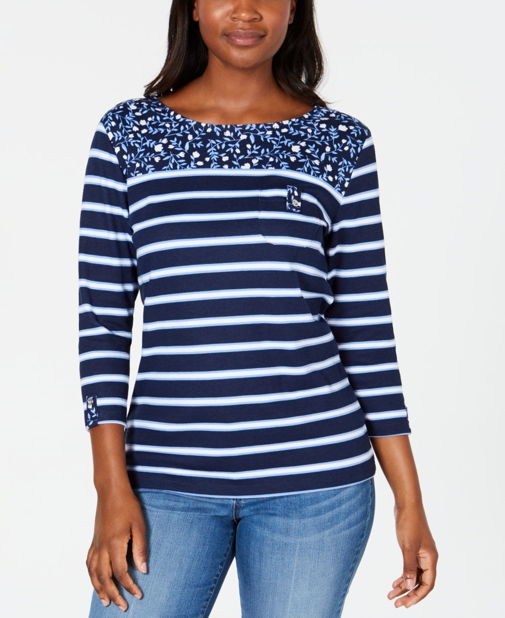 Karen Scott Top feminino esportivo listrado com estampa floral e jugo, azul marinho, tamanho XS