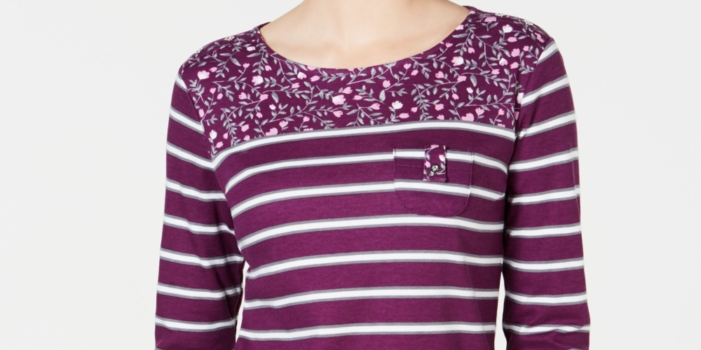 Karen Scott Blusa Listrada Floral Yoke Feminina Vermelha Tamanho Médio