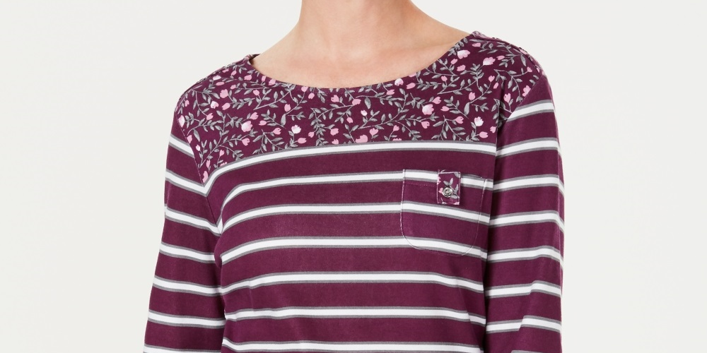 Karen Scott Top feminino pequeno com bolso floral e listrado, tamanho pequeno grande, vermelho