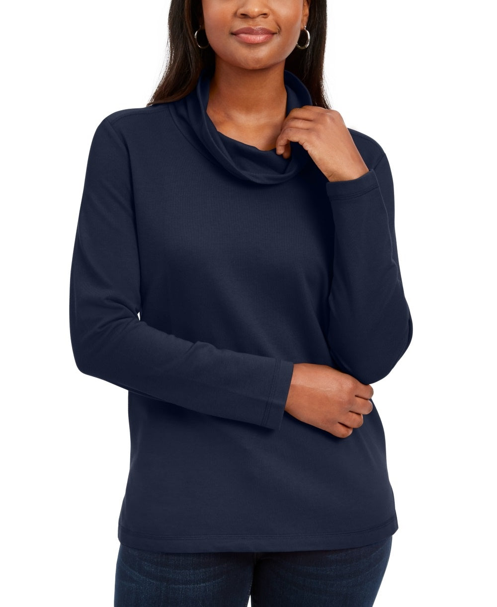 Blusa feminina Karen Scott de manga comprida mesclada e gola alta, azul, tamanho pequeno e pequeno