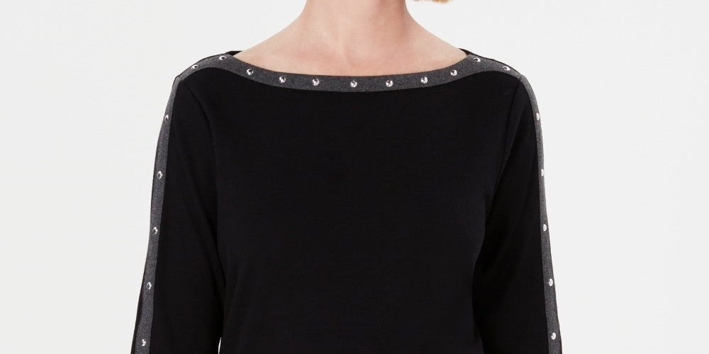 Karen Scott Top Feminino com Acabamento em Tachas e Manga 3/4 Preto Tamanho P