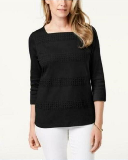 Karen Scott Blusa Feminina Listrada com Decote Quadrado e Renda, Preta, Tamanho Médio