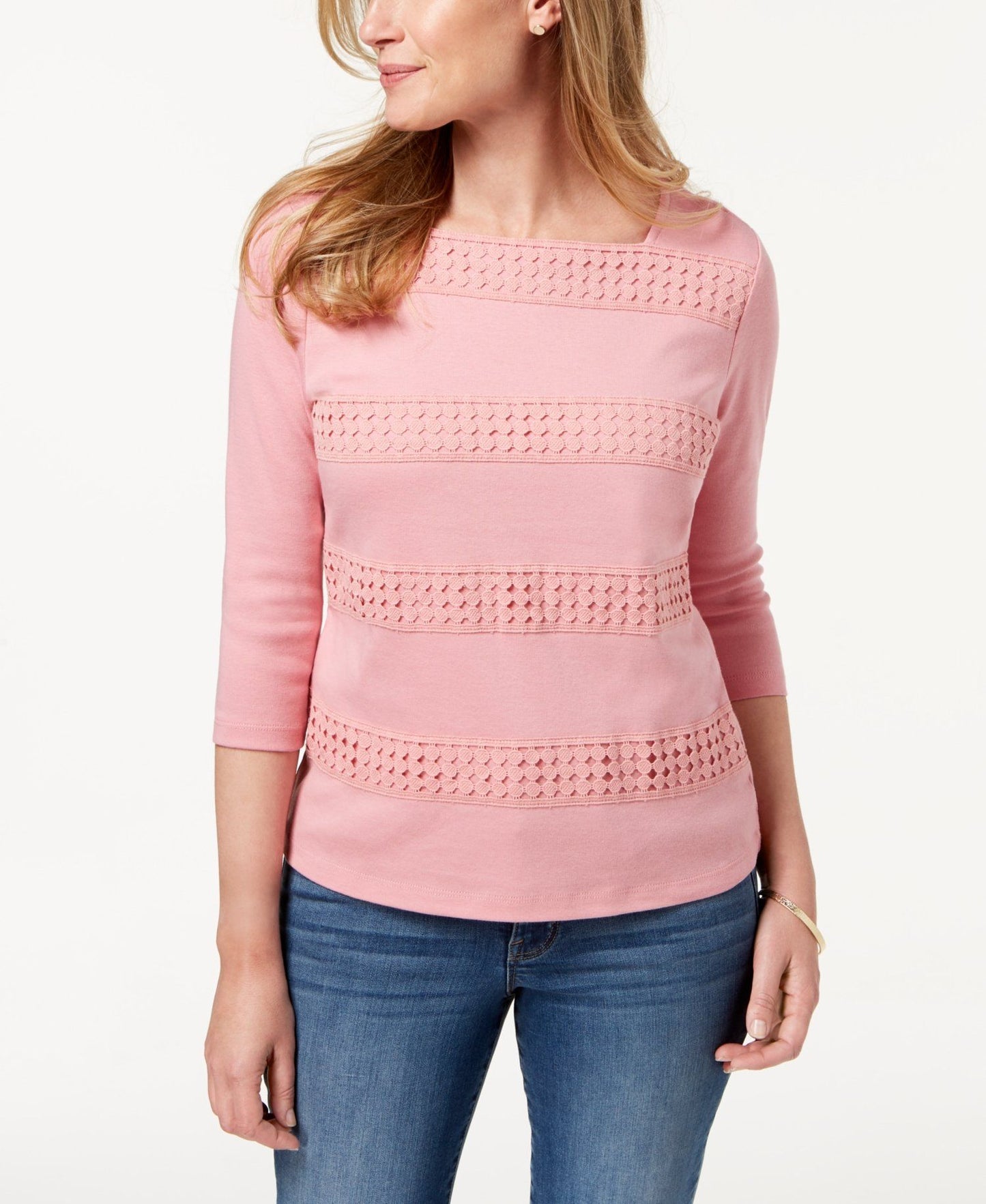 Karen Scott Blusa Feminina Listrada com Decote Quadrado e Renda Rosa Tamanho P