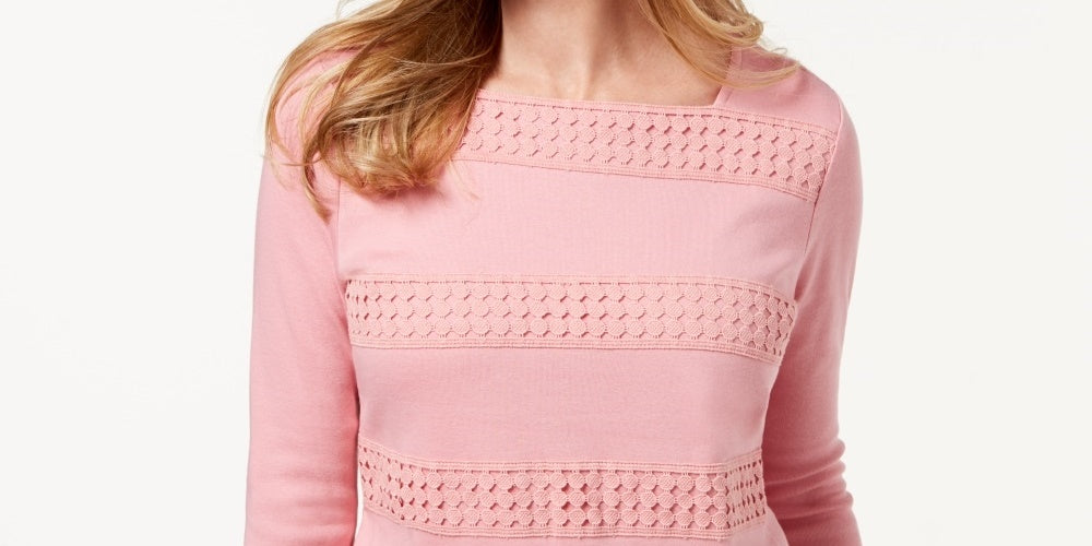 Karen Scott Blusa feminina listrada com decote quadrado e renda, rosa, tamanho extragrande