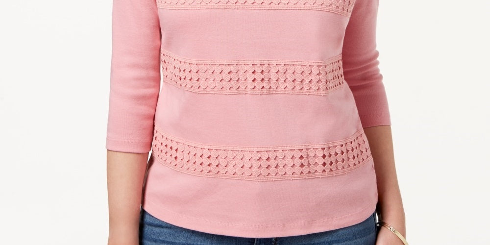 Karen Scott Blusa feminina listrada com decote quadrado e renda, rosa, tamanho extragrande
