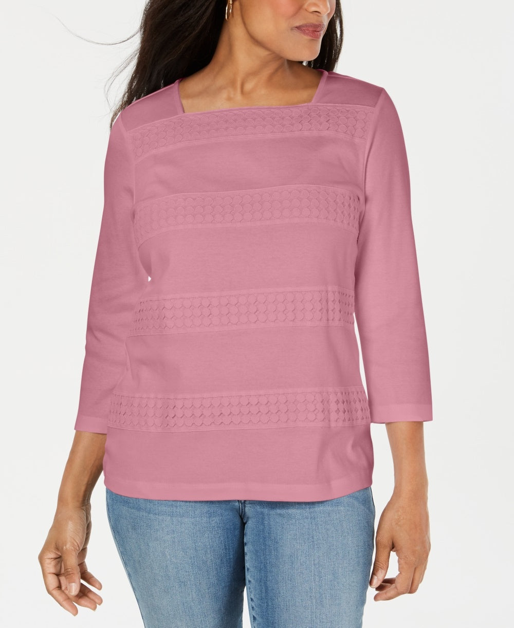 Karen Scott Top Feminino Petite Renda Gola Quadrada Manga 3/4 Rosa Grande