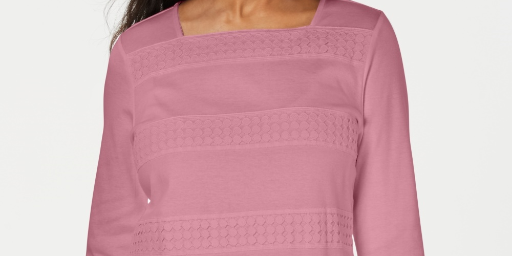 Karen Scott Top Feminino Petite Renda Gola Quadrada Manga 3/4 Rosa Grande