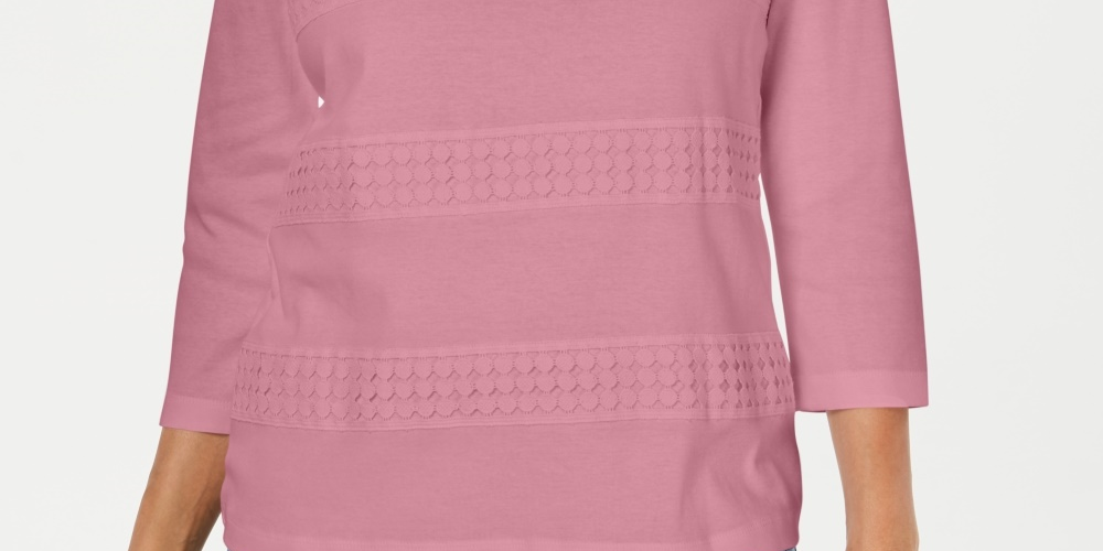 Karen Scott Top Feminino Petite Renda Gola Quadrada Manga 3/4 Rosa Grande