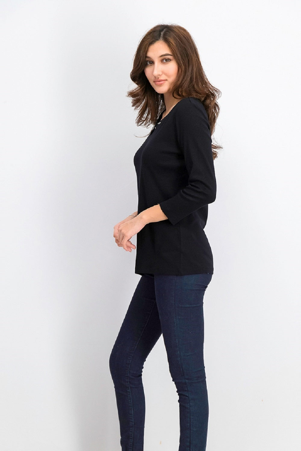 Blusa feminina Karen Scott manga três quartos preta tamanho médio