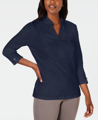 Karen Scott Women's Cotton Eyelet Yoke Top Navy Size X-Small