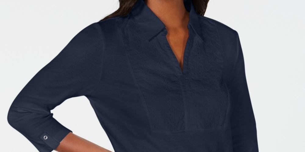 Karen Scott Top Feminino de Algodão com Ilhós e Jugo Azul Marinho Tamanho XS