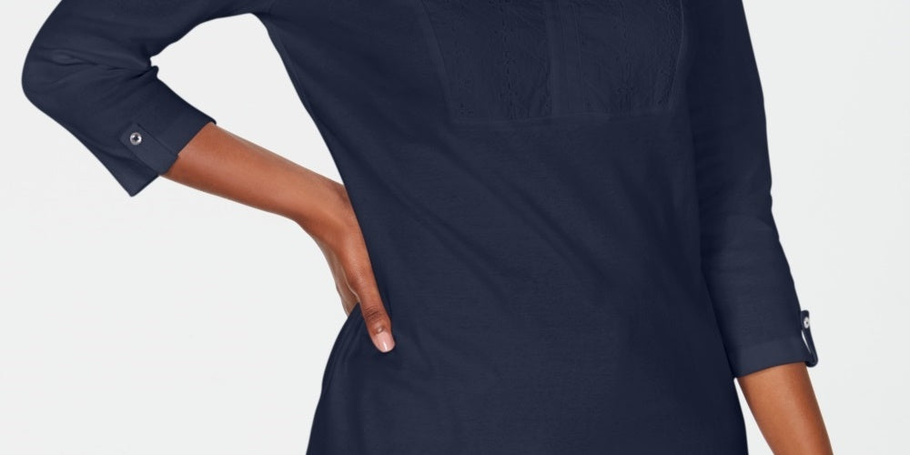 Karen Scott Top Feminino de Algodão com Ilhós e Jugo Azul Marinho Tamanho XS